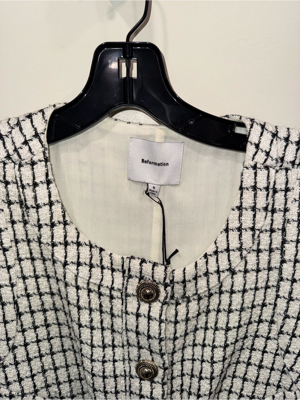 NWT Reformation Tropez Mini Dress Sz 6 cream black Check‎ Tweed - Picture 7 of 9